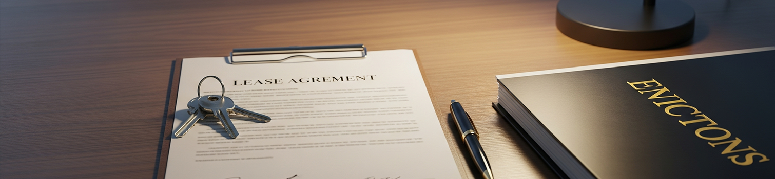 House key and eviction notice representing landlord-tenant cases