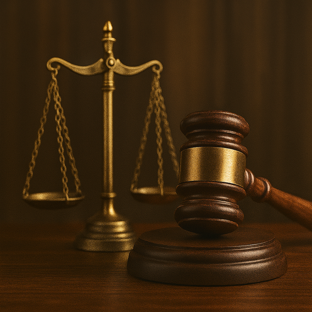 Gavel and justice scale representing trial and resolution